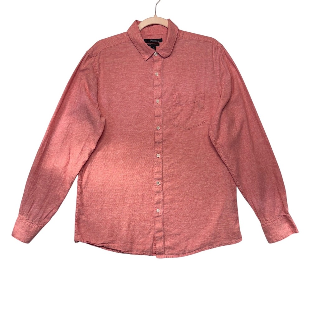 Marc Anthony Mens‎ Medium Coral Pink Linen Cotton Blend Button Down Shirt Casual